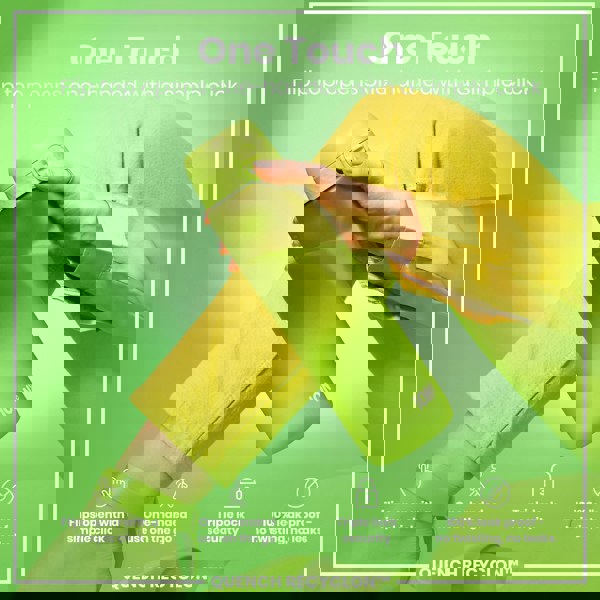 A lime-green water bottle is held; its flip top opens one-handed. The context is a product advertisement highlighting ease of use and leak-proof design. "One Touch. Flip top opens one-handed with a simple click. ION8. Flips open with a simple click. One-handed use on the go. Triple lock security. 100% leak proof - no twisting, no leaks. QUENCH RECYCLON™"