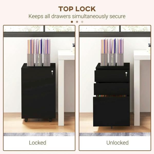 Top lock on black filing cabinet keeps drawers simultaneously locked or unlocked