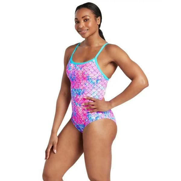Zoggs Sirene Sparkle Thermal Ecofeel swimsuit in aqua pink tie-dye