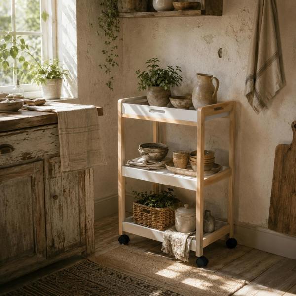 Wyld Haus Vesa Wooden White 3 Tier Mobile Kitchen Trolley With Shelves
