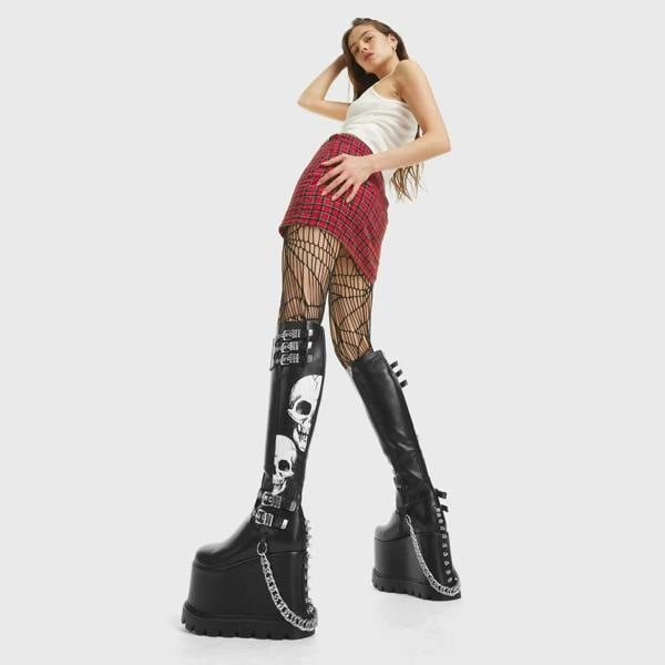 Lamoda A Cut Above Trendy Gothic Skull Platform Boots Black PU Edgy Street