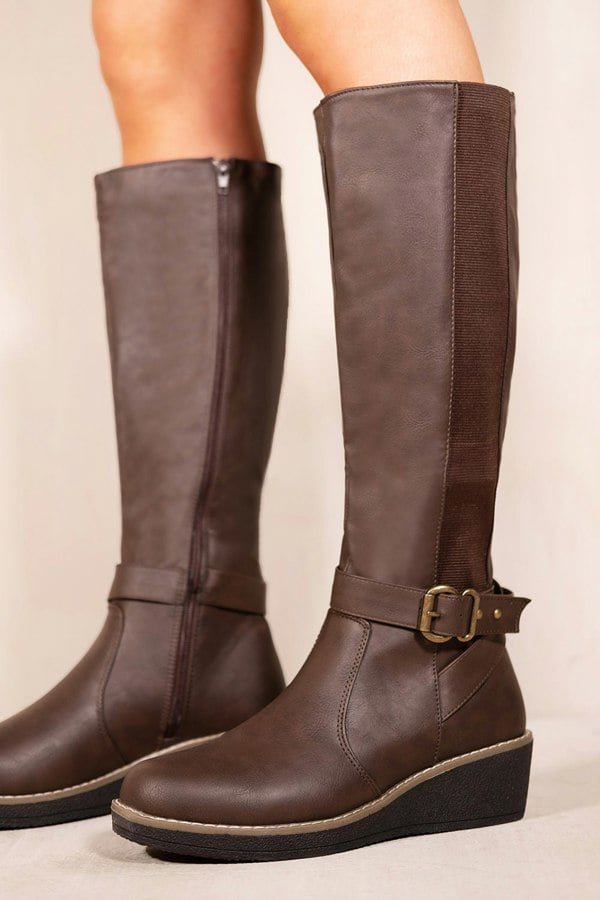 Where's That From Ayleen Wedge Heel Knee High Boots With Elastic Panel in Brown Faux Leather