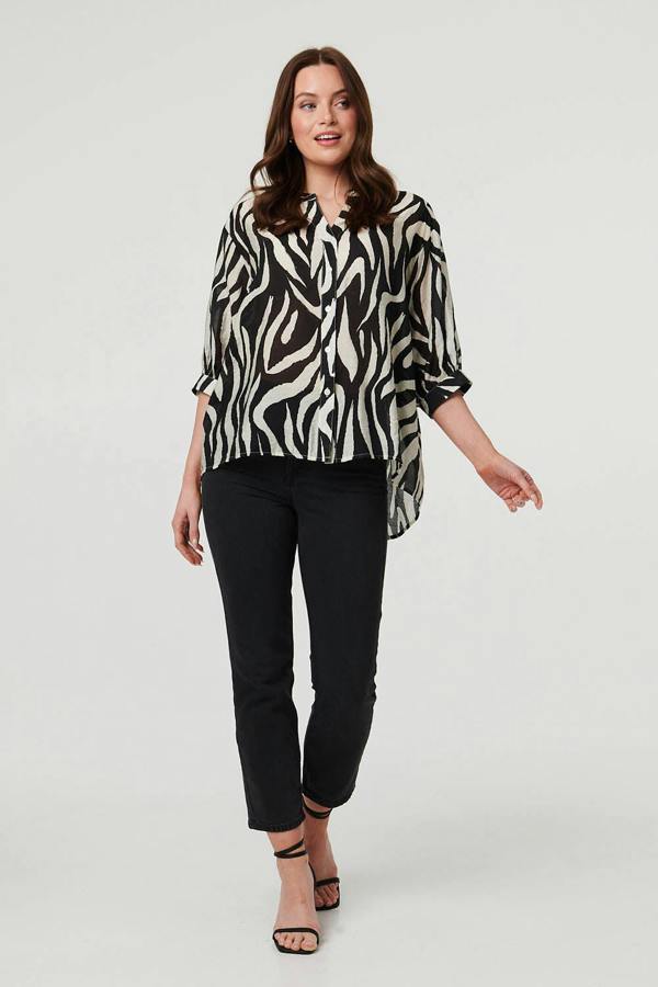 Black | Zebra Print 3/4 Sleeve Collarless Shirt