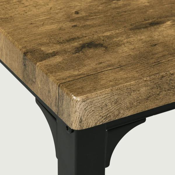 Rustic brown square table with black legs and textured wood-grain top