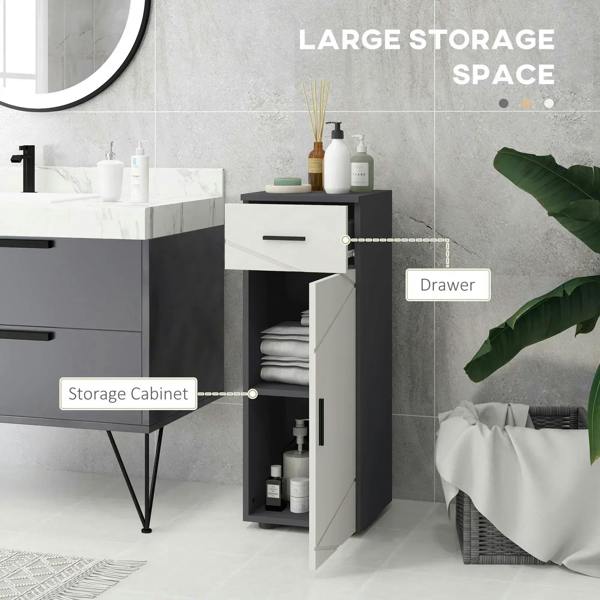 Grey and white slim bathroom cabinet with open drawer and open storage door