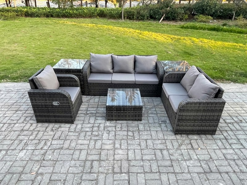 Fimous Rattan Garden Furniture 6 Piece Patio Set With Table Sofa Square Coffee Table Reclining Chair Loveseat sofa 2 Side Tables