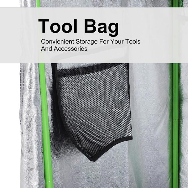 Black mesh tool bag pocket attached inside the grow tent wall.