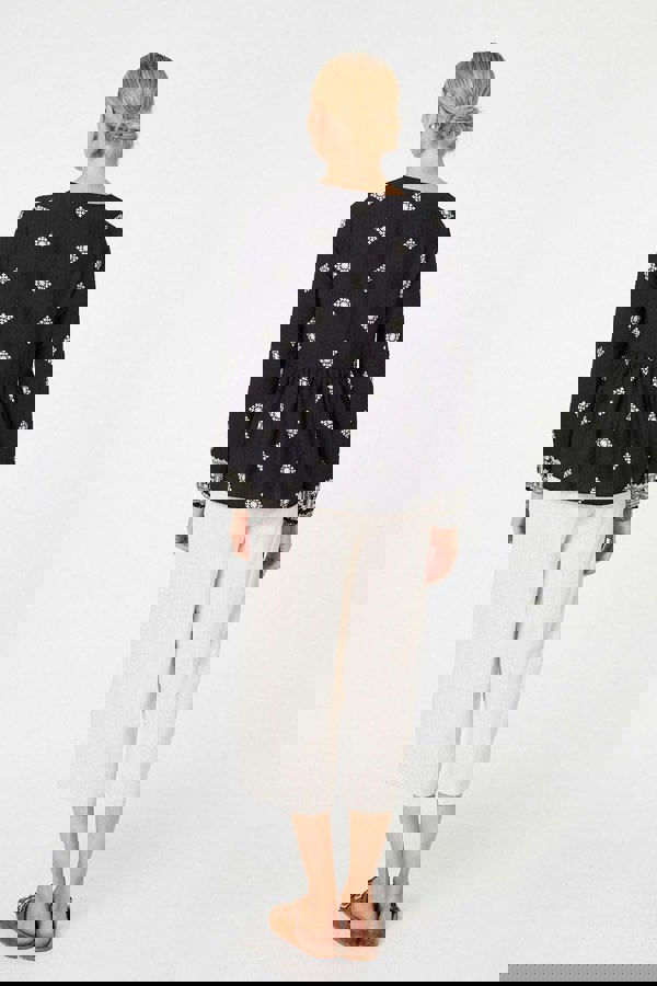 Black | Border Print Long Sleeve Tassel Blouse
