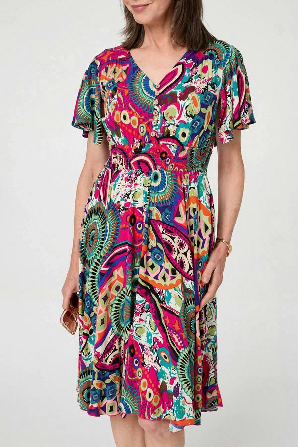 Pink | Abstract Print V-Neck Knee Length Dress
