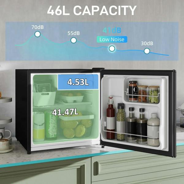 Black mini fridge with door open, showing chiller shelf and storage compartments