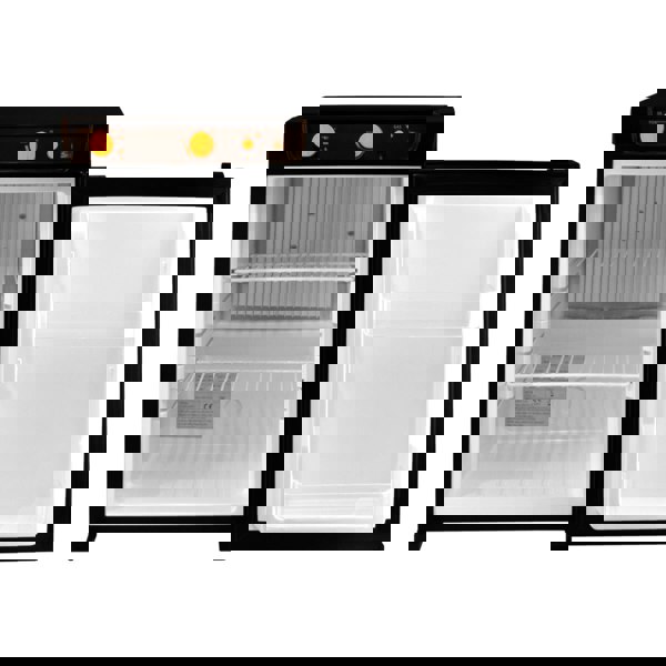 Compact 3-way absorption fridge with a sleek black exterior, featuring adjustable shelves and transparent storage bins for easy organization