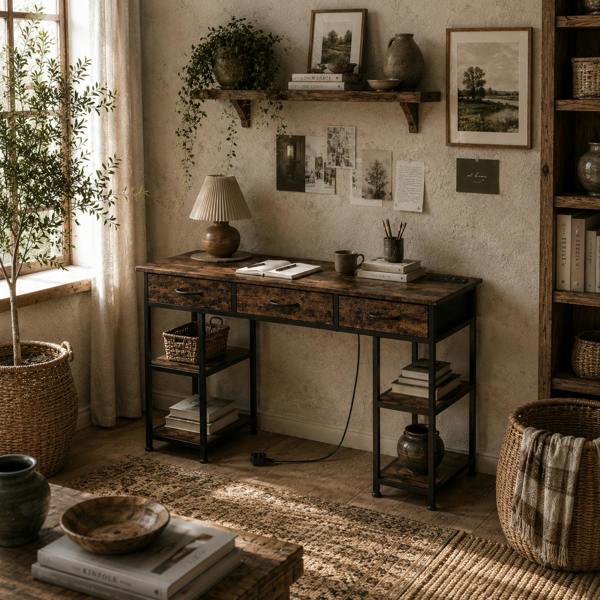 Wyld Haus Hariva 120cm Wooden Rustic Brown Home Office Desk With Power Sockets 3 Fabric Drawers And 4 Storage Shelves