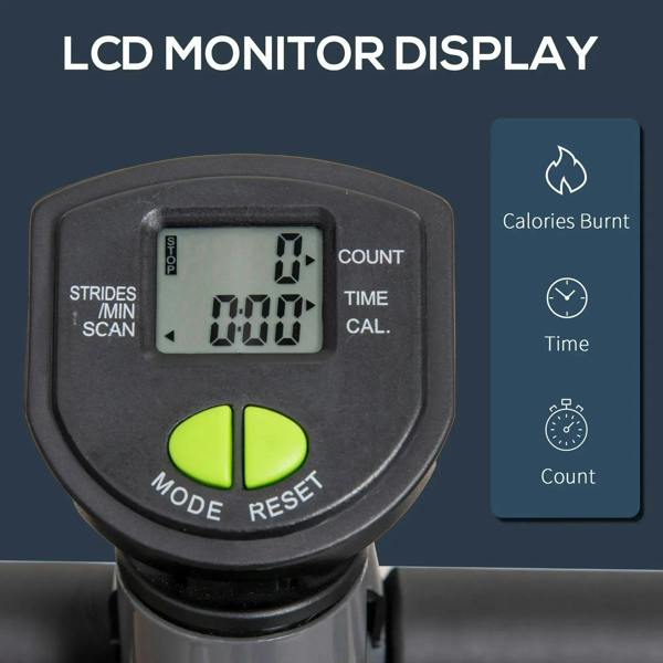 Grey stepper LCD monitor screen with buttons for count, time, and calories