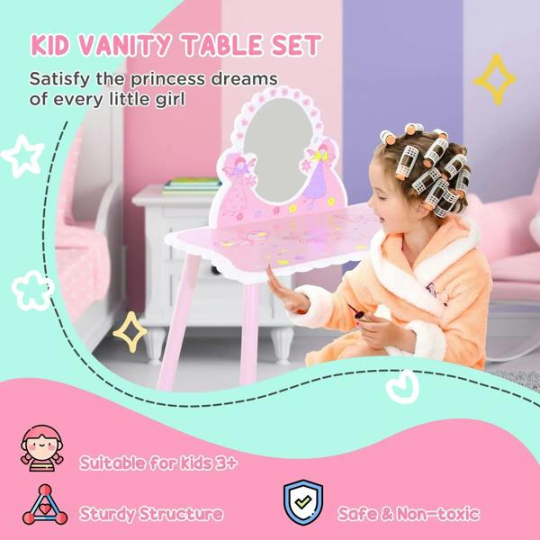 Pink kids vanity table set with oval mirror and fairy decoration, matching stool