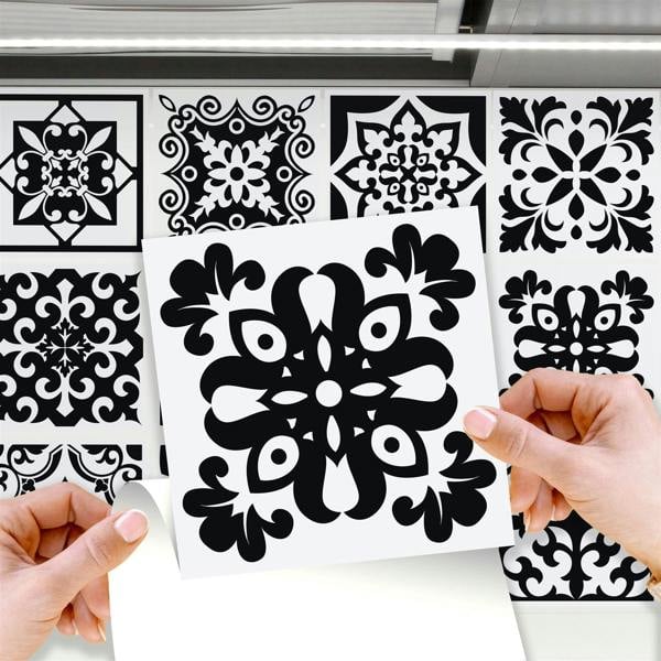 WT1566 - Calli Black and White Mediterranean Wall Tile Sticker Set - 15 cm x 15 cm - 24 pcs