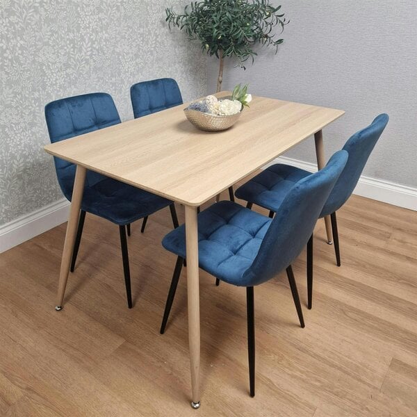Kosy Koala Modern Wood Effect Dining Table Set With 4 Blue Velvet Chairs Dining Room Furniture