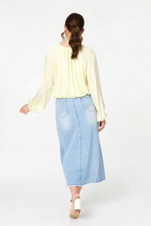 Yellow | Tie Front Long Sleeve Bubble Hem Blouse