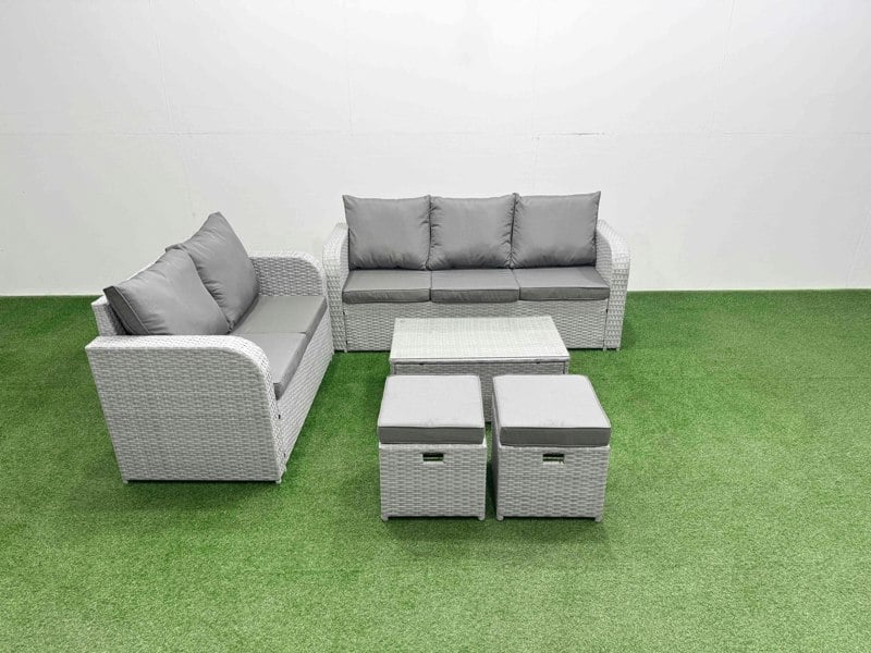 Fimous 7 Seater PE Rattan Wicker Garden Furniture Patio Conservatory Sofa Set with Rectangular Coffee Table 3 Seater Sofa Love Sofa 2 Stools