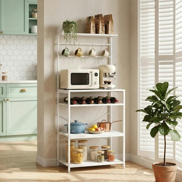 Freestanding Shelving Unit, Industrial Storage Shelf with 6 Hooks and Wine Rack for Living Room, Home Office, White - White