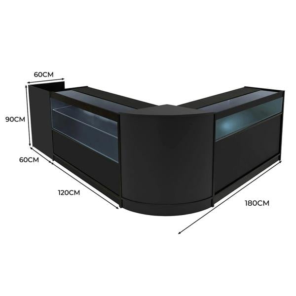 Black Gravity LED Shop Counter Set featuring sleek curved design, glass display sections, and precise dimensions for retail spaces