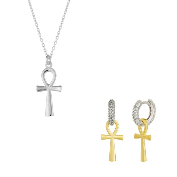 Spero London Sterling Silver Egyptian Ankh Necklace and Earring Set