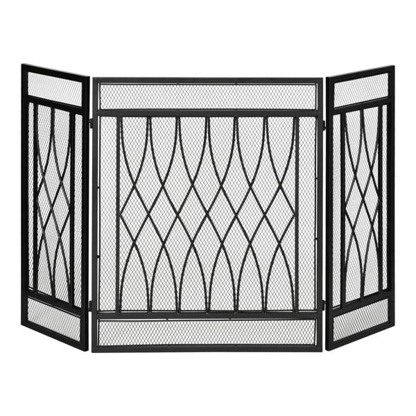 Black 3-panel folding fireplace screen, centered front view with mesh grid