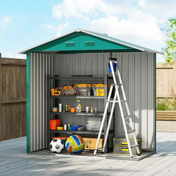 Green metal storage shed with open double doors, tool shelves, and step ladder