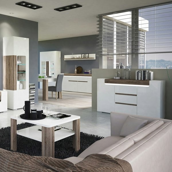 Furniture To Go Toronto Wide 4 Door 2 Drawer Sideboard (inc. Plexi Lighting) In White and Oak