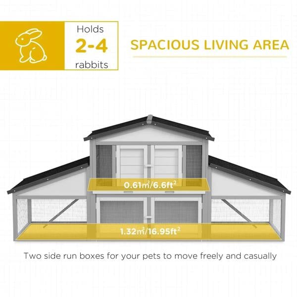 Spacious rabbit hutch with twin side run sections and covered main house