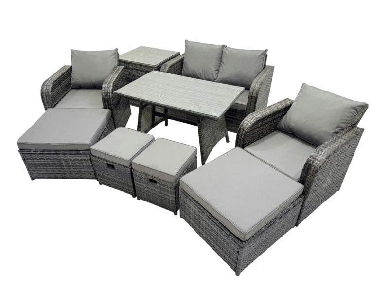 Fimous 8 Seater Garden Outdoor Rattan Furniture Set Rattan Sofa Oblong Dining Table with 2 Big Stools Side Table Dark Grey