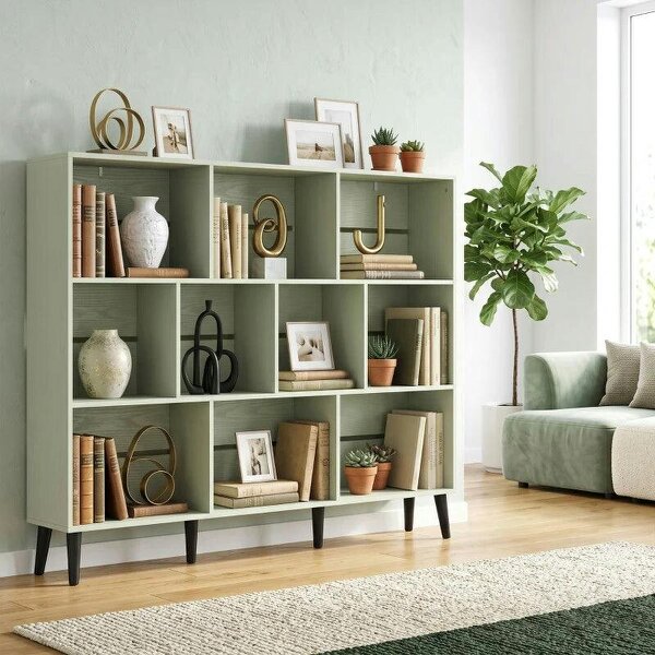 10-Cube Bookcase, 3-Tier Book Shelf with Solid Wood Legs, 140 cm Modern Bookshelf with Anti-Tip Kit, Light Green - Light Green