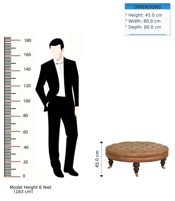 Artisan Furniture Solid Wood Brown Buffalo Leather Round Ottoman with Castor Legs