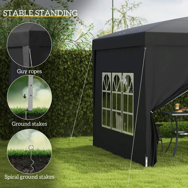 Black pop-up gazebo sidewall with window panel, guy ropes and ground stakes detail