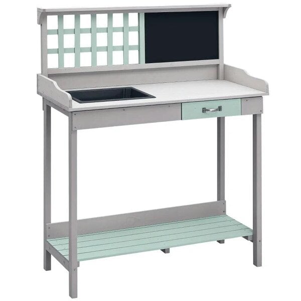 Garden Potting Table with Sink, Blackboard and Drawer, Wooden Planting Work Bench Workstation Outdoor Tool Storage Shelves