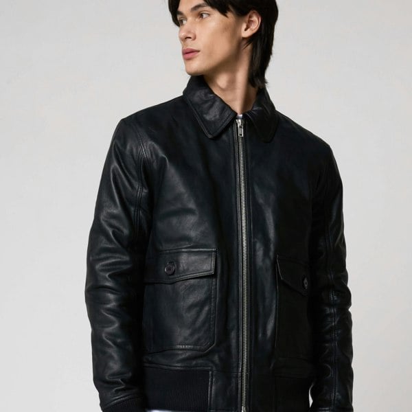 Barneys Originals Men's Goat Leather Patch Pocket Bomber Jacket