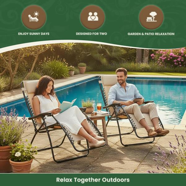 Reclining Garden Chairs – Set of 2 Folding Sun Loungers with Lockable Positions, Adjustable Headrest & Weatherproof Textoline, Beige