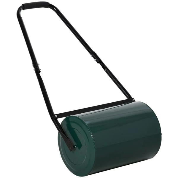 Dark green steel lawn roller drum with black U-handle for pushing or pulling