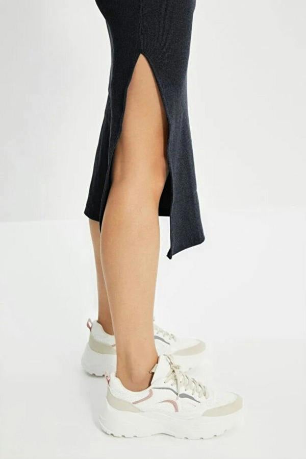 WOVCOR Crew Neck Midi Ribbed Stretch Knit Pencil Dress with Slit