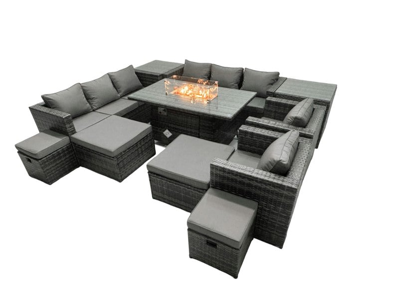 Fimous 12 Seater Rattan Fire Pit Patio Furniture Set with Dining Table, Sofa, Lounge Chairs & Footstools - Dark Grey