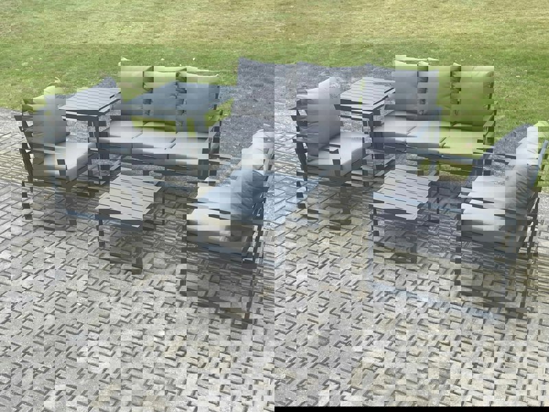 Fimous Aluminium Outdoor Garden Furniture Set Lounge Sofa 2 PC Chairs Square Coffee Table Sets with Side Table Dark Grey