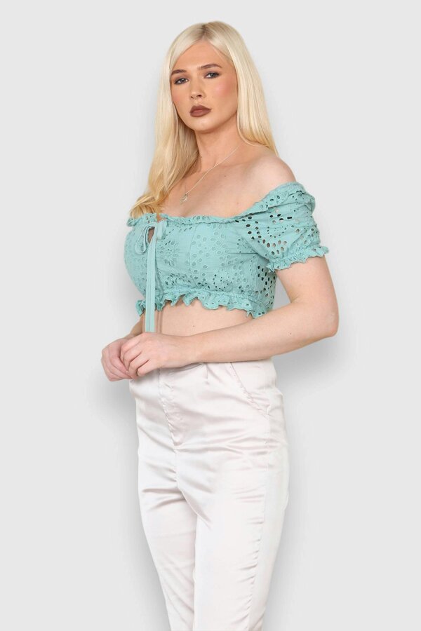 Elaina Fashion Women's  On-Off Shoulder Floral Eyelet Embroidery Broderie Cotton Crop Top - Sage green - 100% Cotton