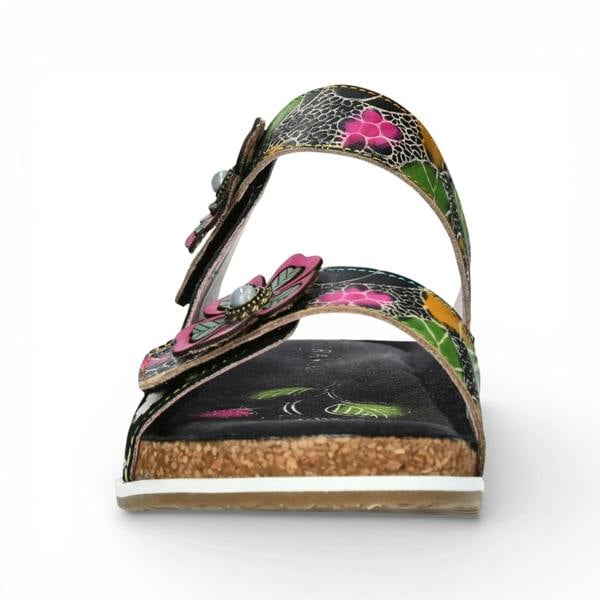 Laura Vita Brcyano 32 - Women's Black Floral Leather Strappy Slipper