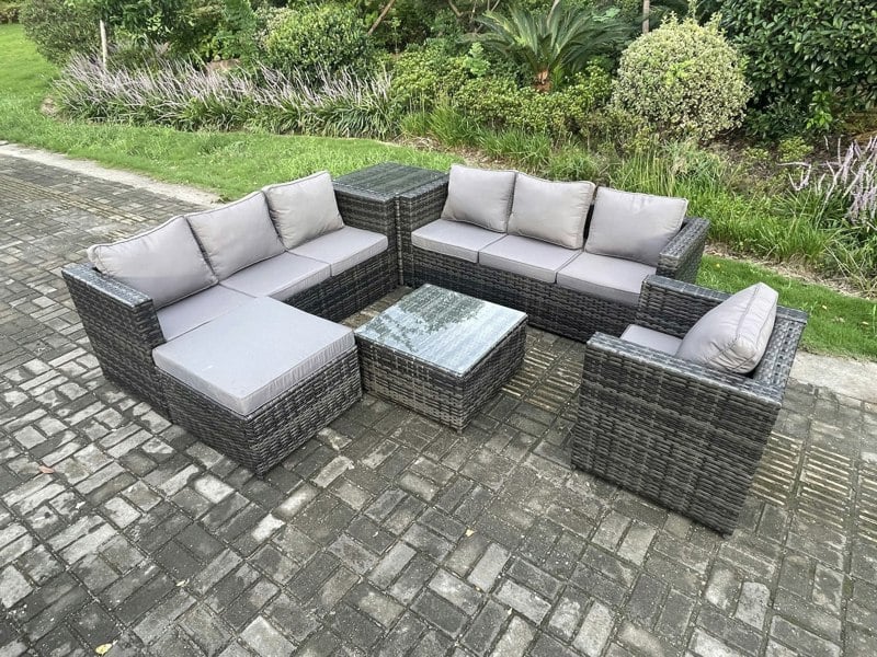 Fimous 8 Seater Dark Grey Mixed Rattan Outdoor Sofa Set - Armchair, Square Coffee Table & Footstool