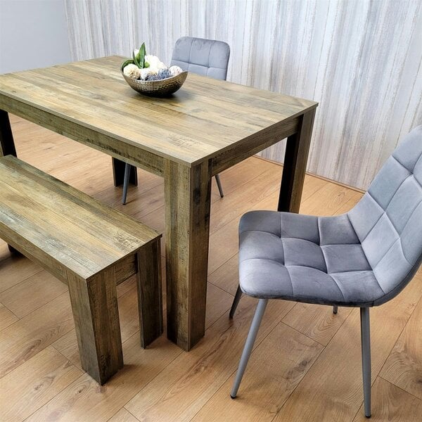 Kosy Koala Dining Table Set for 4 Rustic Effect Dining Table With 2 Grey Velvet Chairs and 1 Matching Bench