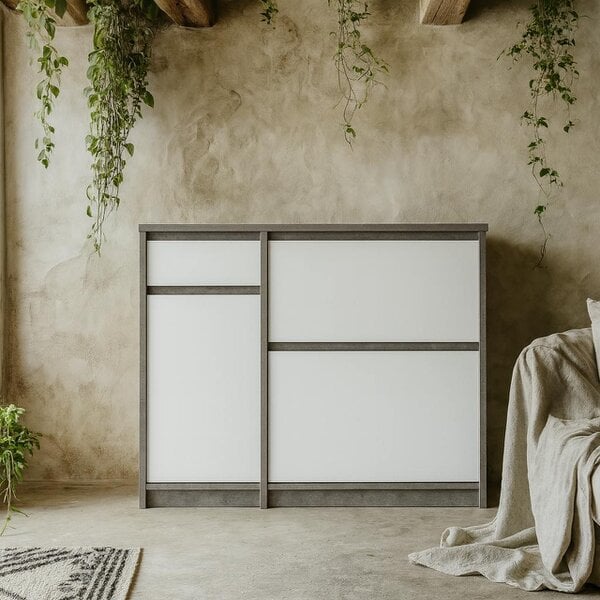 Wyld Haus Budapest Concrete Effect and White Wooden Shoe Cabinet 3 Doors 1 Drawer
