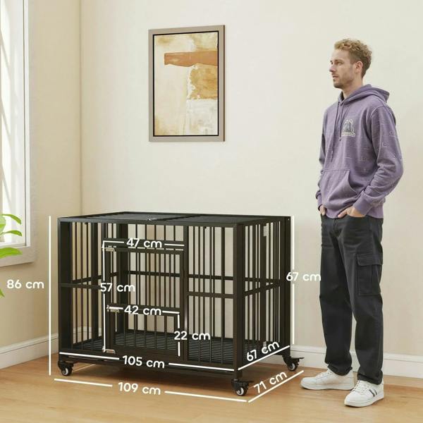 Black foldable dog crate on caster wheels, front view with door open, metal bar walls