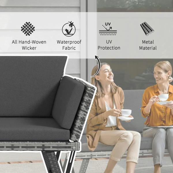 Grey rattan sofa backrest with removable arm cushion detail