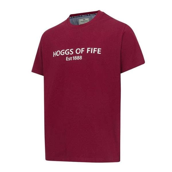Hoggs of Fife Canonbie t-shirt burgundy front view with raised white chest print
