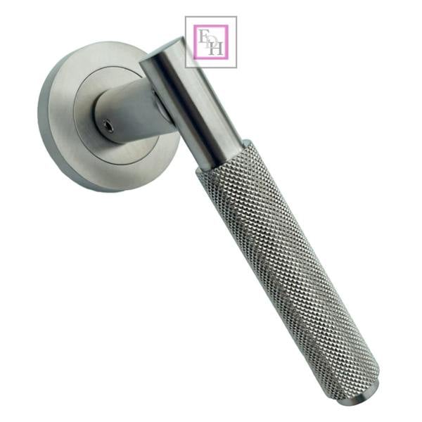 EDH Door Hardware Satin Nickel Knurled Door Handles on Round Rose – Modern Internal Lever Handle