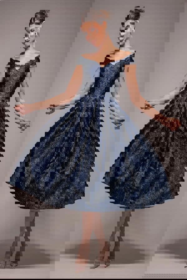 Crushed Satin Sleeveless A Line Midi Dress - Navy Blue DR4551